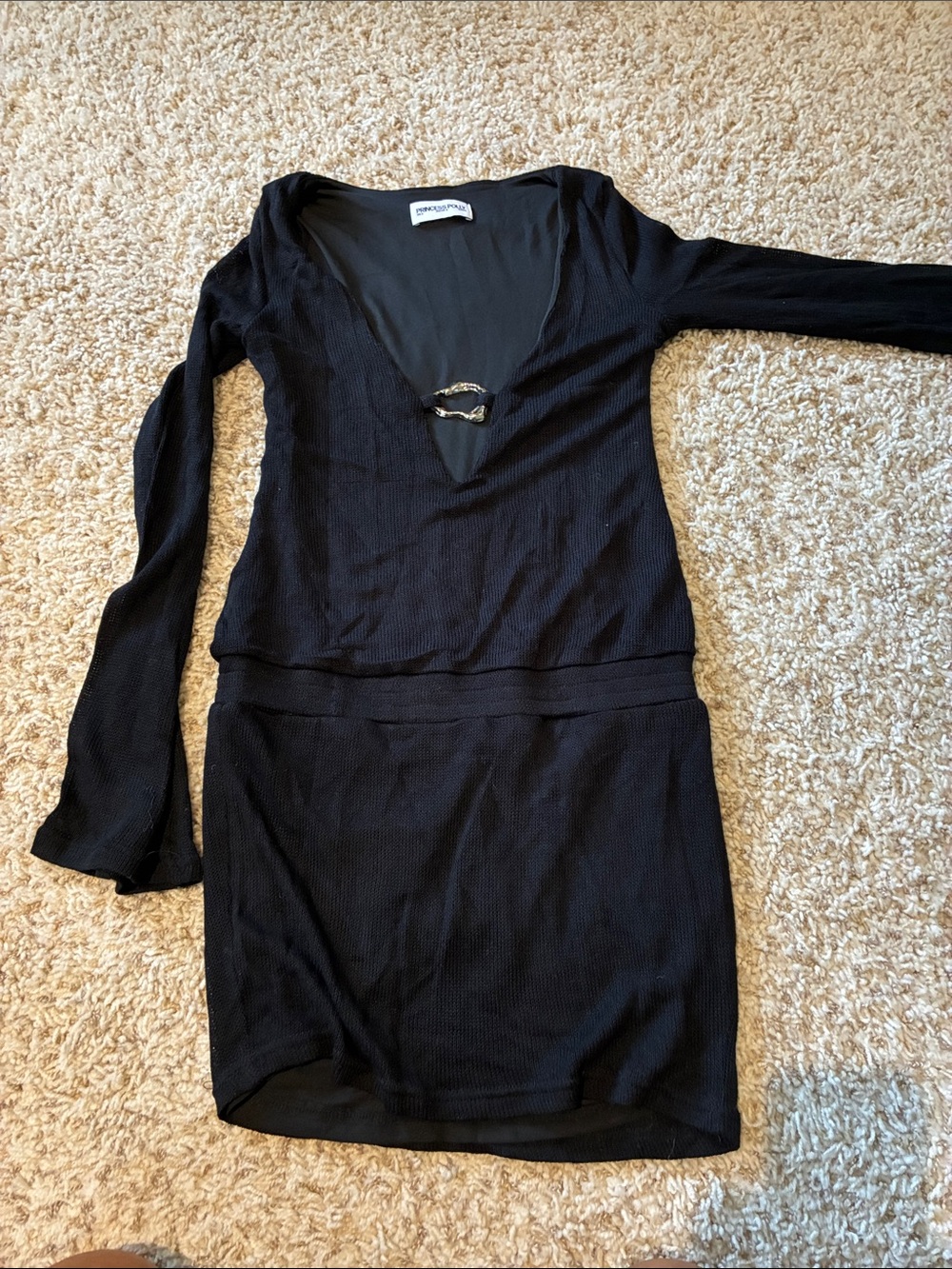 Princess Polly Black Long-Sleeve V-Neck Mini Dress with Front Hardware